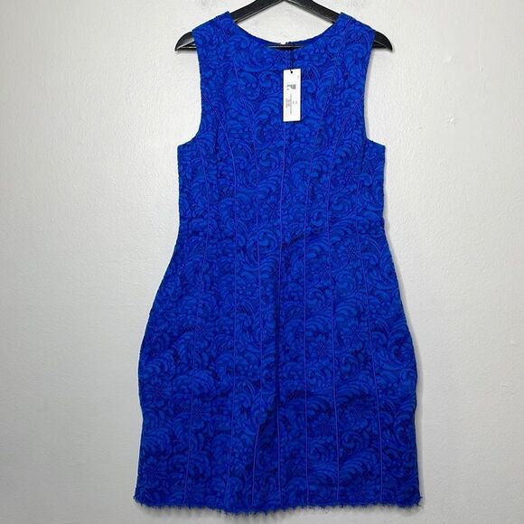 NWT ADAM LIPPES Cobalt Blue SEAMED Corded LACE Flare COCKTAIL Mini DRESS US 12 - Picture 3 of 12